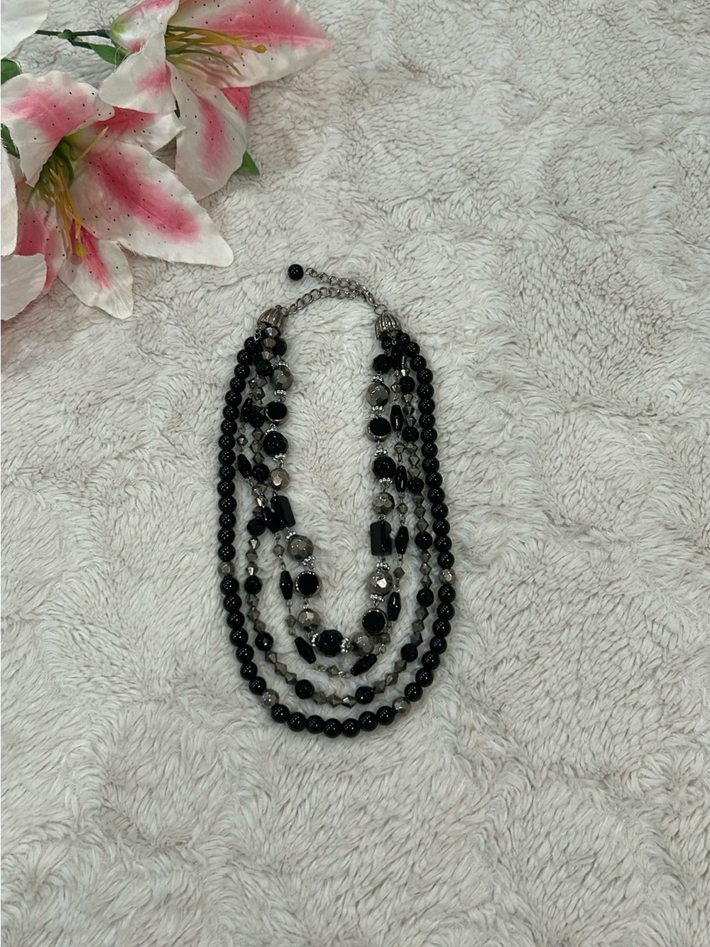 Multi-Strand Black & Silver Beaded Necklace - Women Jewelry - Picture 2 of 3